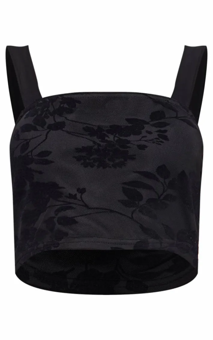 Petite Black Devore Square Neck Crop Top