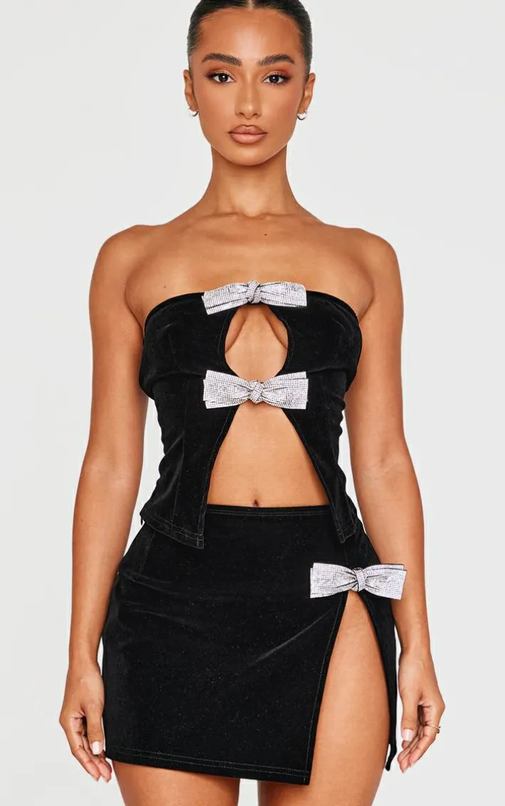 Petite Black Diamante Bow Detail Velvet Top