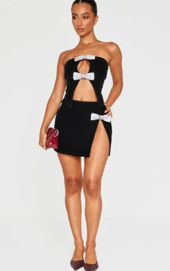 Petite Black Diamante Bow Detail Velvet Top