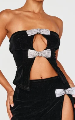 Petite Black Diamante Bow Detail Velvet Top