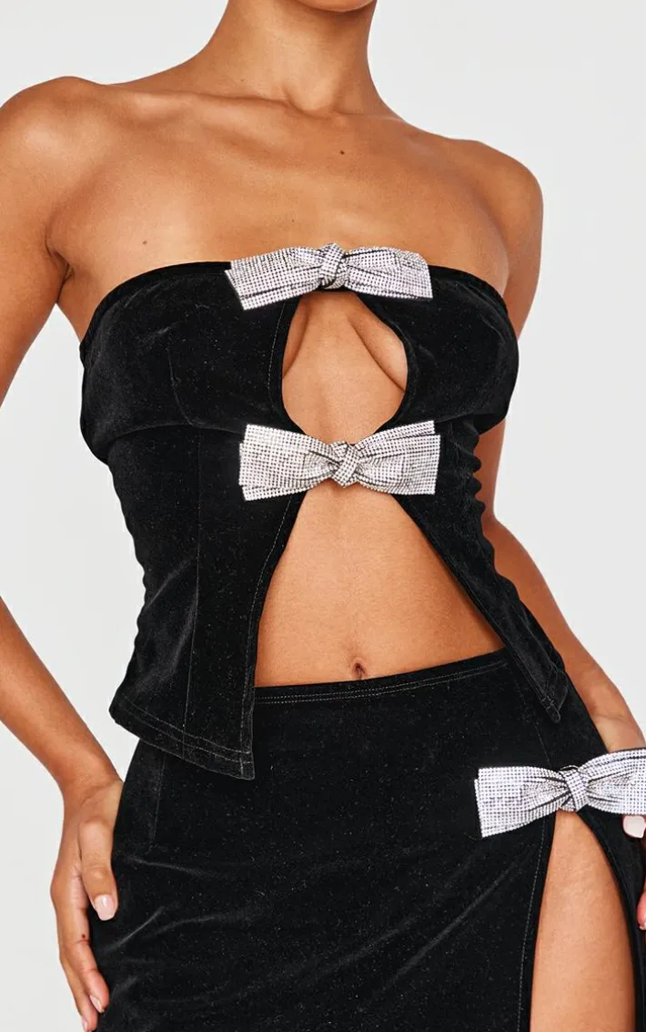 Petite Black Diamante Bow Detail Velvet Top