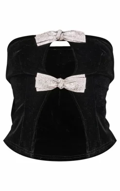 Petite Black Diamante Bow Detail Velvet Top