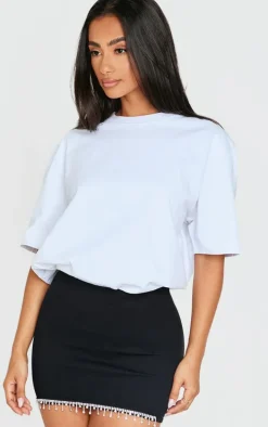 Petite Black Diamante Detail Snatched Rib Bodycon Skirt