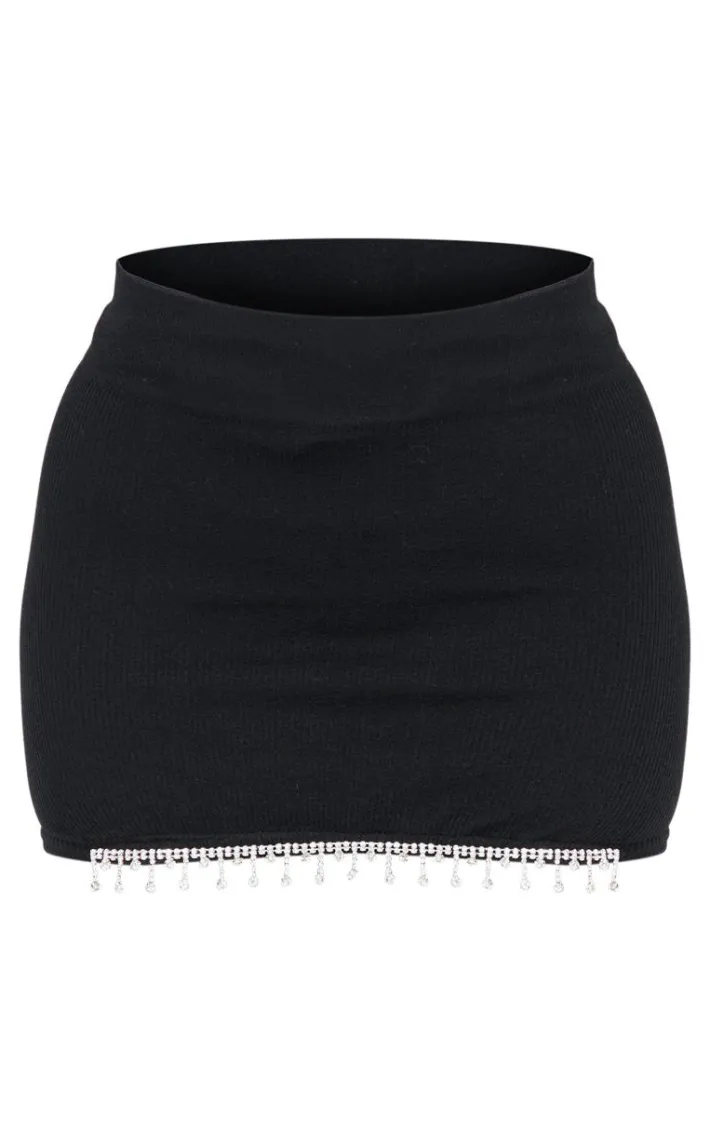 Petite Black Diamante Detail Snatched Rib Bodycon Skirt