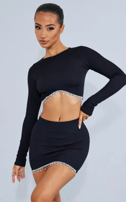 Petite Black Diamante Detail Snatched Rib Crop Top