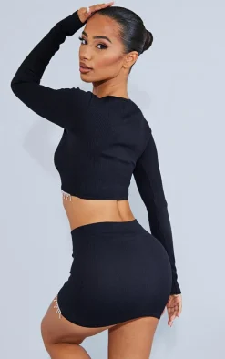 Petite Black Diamante Detail Snatched Rib Crop Top
