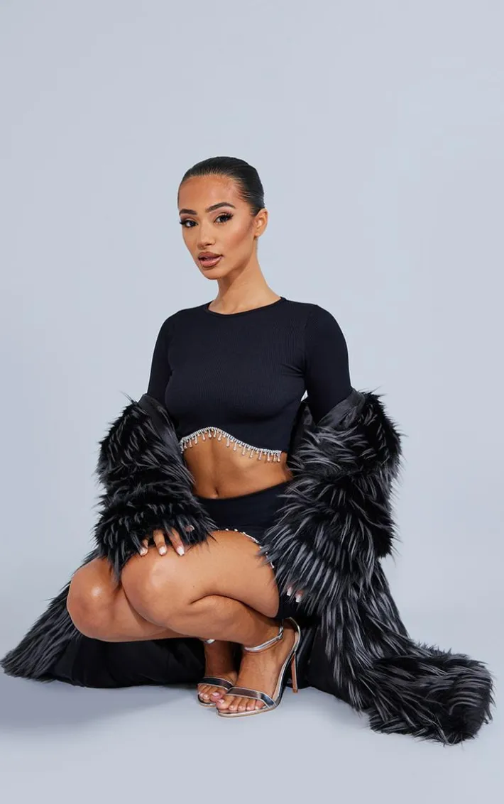 Petite Black Diamante Detail Snatched Rib Crop Top