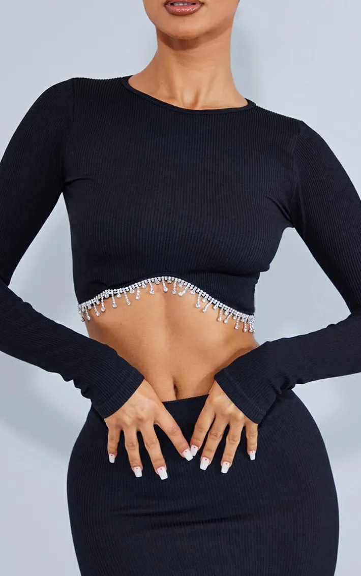 Petite Black Diamante Detail Snatched Rib Crop Top