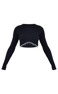 Petite Black Diamante Detail Snatched Rib Crop Top