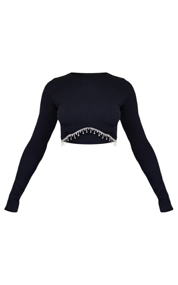 Petite Black Diamante Detail Snatched Rib Crop Top