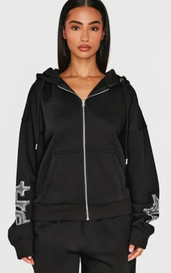 Petite Black Diamante Graphic Detail Oversized Zip Up Hoodie