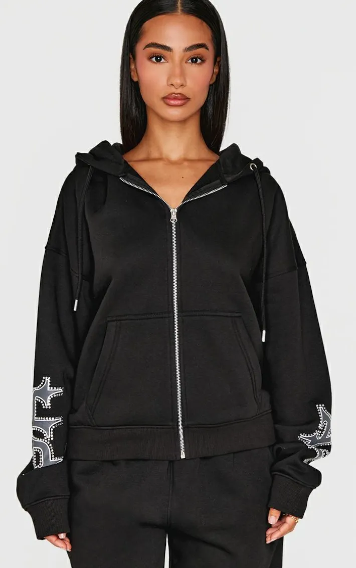 Petite Black Diamante Graphic Detail Oversized Zip Up Hoodie