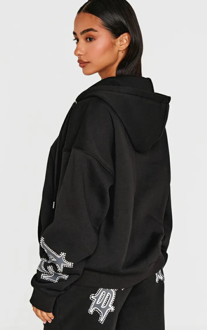 Petite Black Diamante Graphic Detail Oversized Zip Up Hoodie