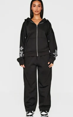 Petite Black Diamante Graphic Detail Oversized Zip Up Hoodie