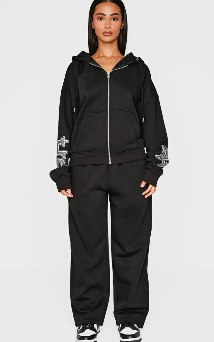 Petite Black Diamante Graphic Detail Oversized Zip Up Hoodie