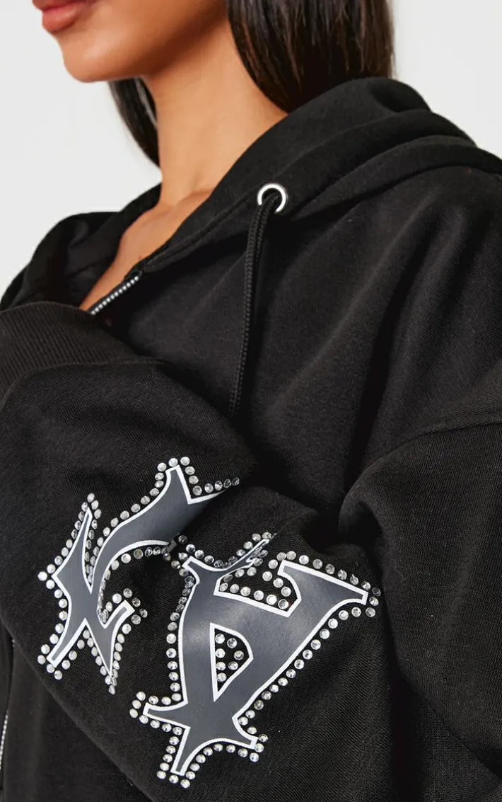 Petite Black Diamante Graphic Detail Oversized Zip Up Hoodie