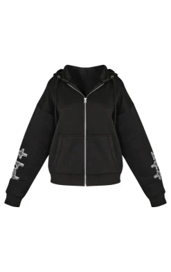 Petite Black Diamante Graphic Detail Oversized Zip Up Hoodie