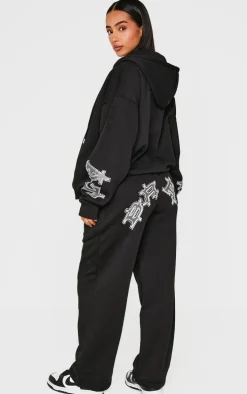 Petite Black Diamante Graphic Detail Wide Leg Sweatpants
