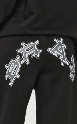 Petite Black Diamante Graphic Detail Wide Leg Sweatpants