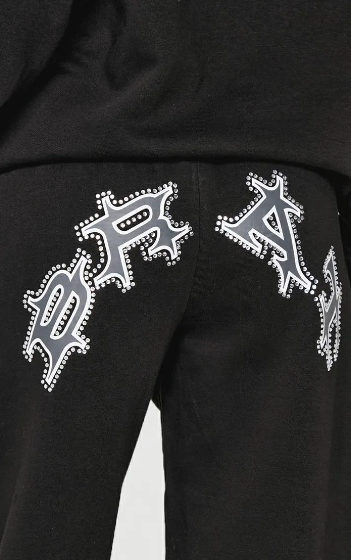 Petite Black Diamante Graphic Detail Wide Leg Sweatpants