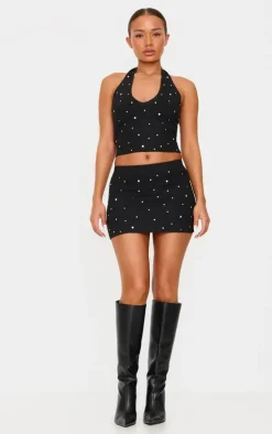 Petite Black Diamante Knit Mini Skirt