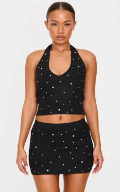 Petite Black Diamante Knit Mini Skirt