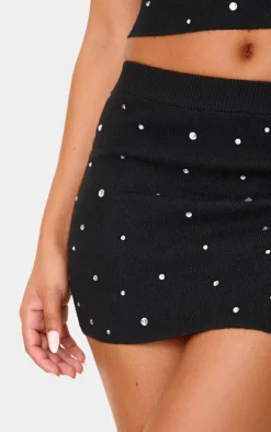Petite Black Diamante Knit Mini Skirt