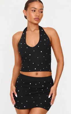 Petite Black Diamante Knit Halterneck Top