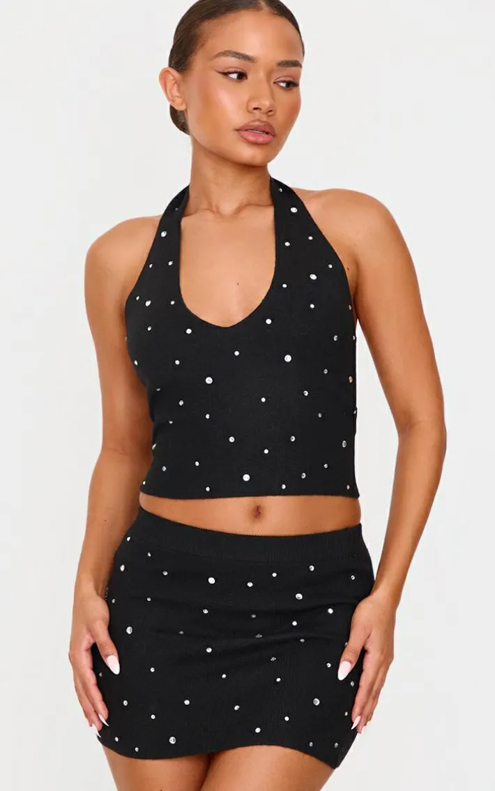Petite Black Diamante Knit Halterneck Top