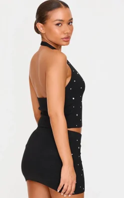 Petite Black Diamante Knit Halterneck Top