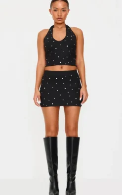 Petite Black Diamante Knit Halterneck Top