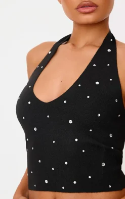 Petite Black Diamante Knit Halterneck Top
