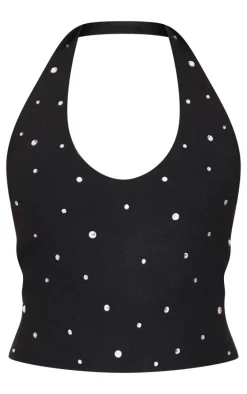 Petite Black Diamante Knit Halterneck Top