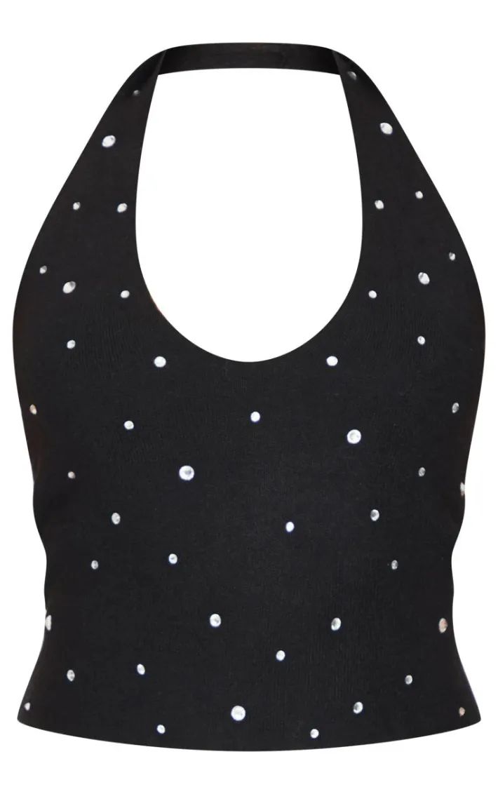 Petite Black Diamante Knit Halterneck Top