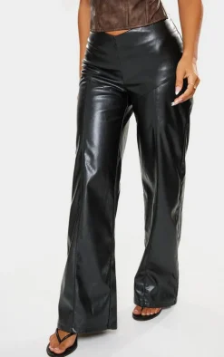 Petite Black Dipped Front Waist Faux Leather Pants