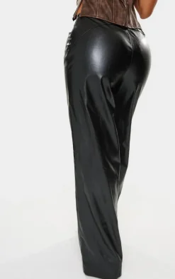 Petite Black Dipped Front Waist Faux Leather Pants