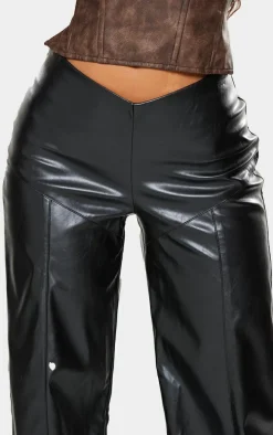 Petite Black Dipped Front Waist Faux Leather Pants