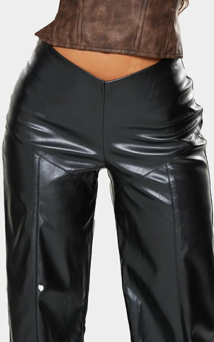 Petite Black Dipped Front Waist Faux Leather Pants
