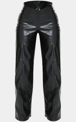Petite Black Dipped Front Waist Faux Leather Pants