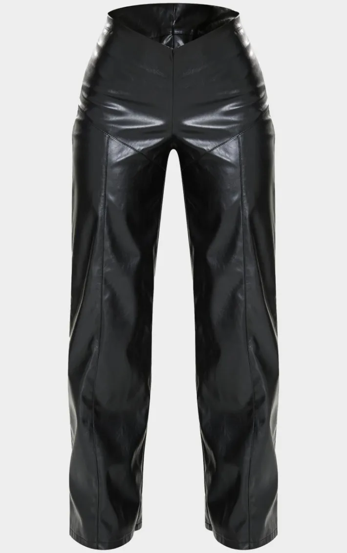 Petite Black Dipped Front Waist Faux Leather Pants