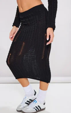 Petite Black Distressed Cable Knit Midaxi Skirt