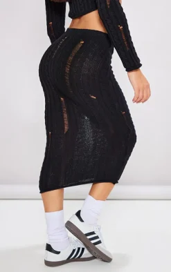 Petite Black Distressed Cable Knit Midaxi Skirt