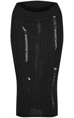 Petite Black Distressed Cable Knit Midaxi Skirt