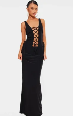Petite Black Double Layer Lace Up Detail Maxi Dress