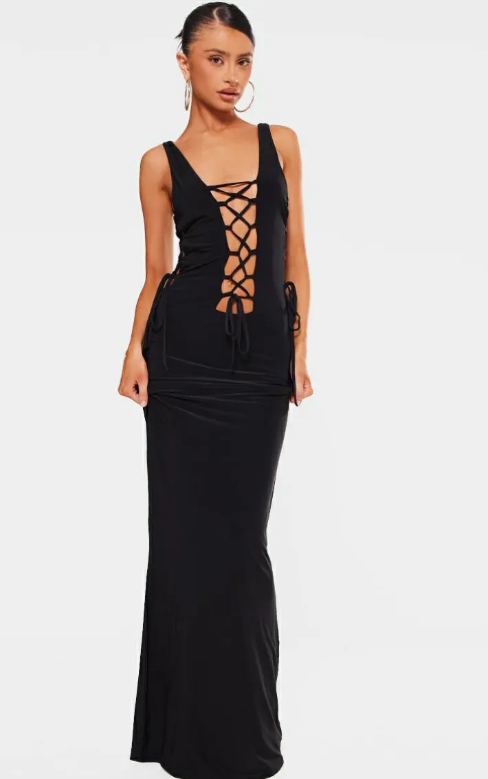 Petite Black Double Layer Lace Up Detail Maxi Dress