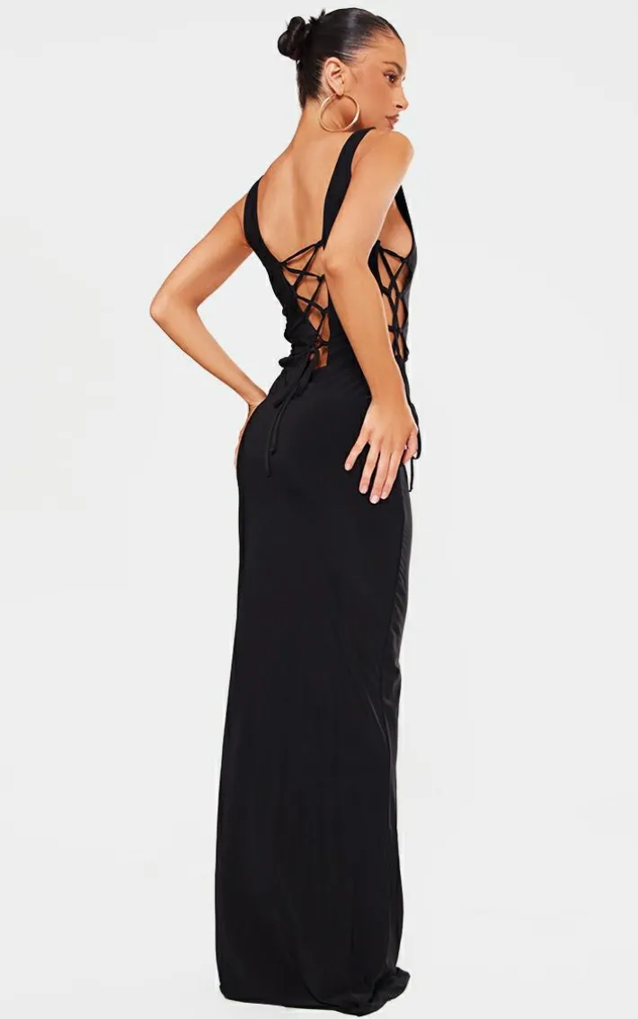 Petite Black Double Layer Lace Up Detail Maxi Dress