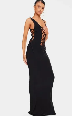 Petite Black Double Layer Lace Up Detail Maxi Dress