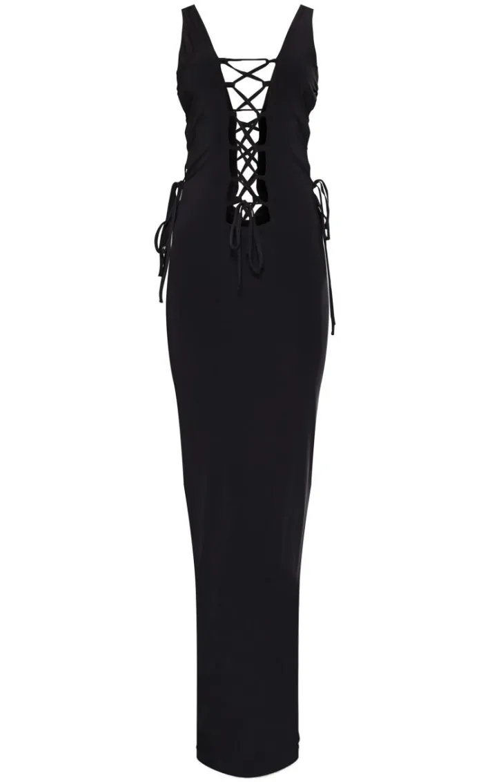 Petite Black Double Layer Lace Up Detail Maxi Dress