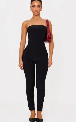 Petite Black Double Layer Bandeau Straight Leg Jumpsuit
