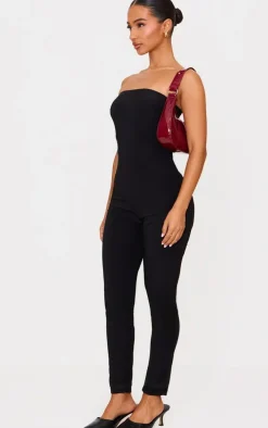 Petite Black Double Layer Bandeau Straight Leg Jumpsuit